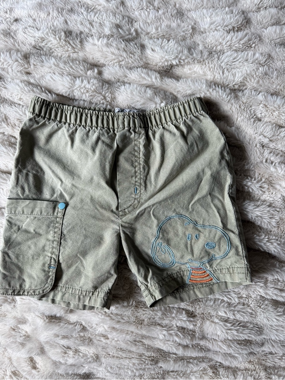 Boys Olive Green Snoopy Shorts with Embroidered Character